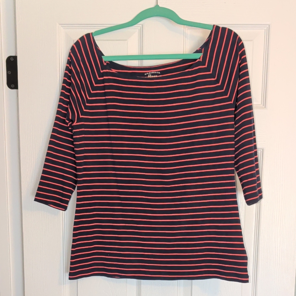 G.H. Bass & Co. Dark Blue and Coral Striped Long Sleeve Tee